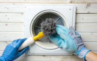 Person cleaning dryer vent with tools for lint removal