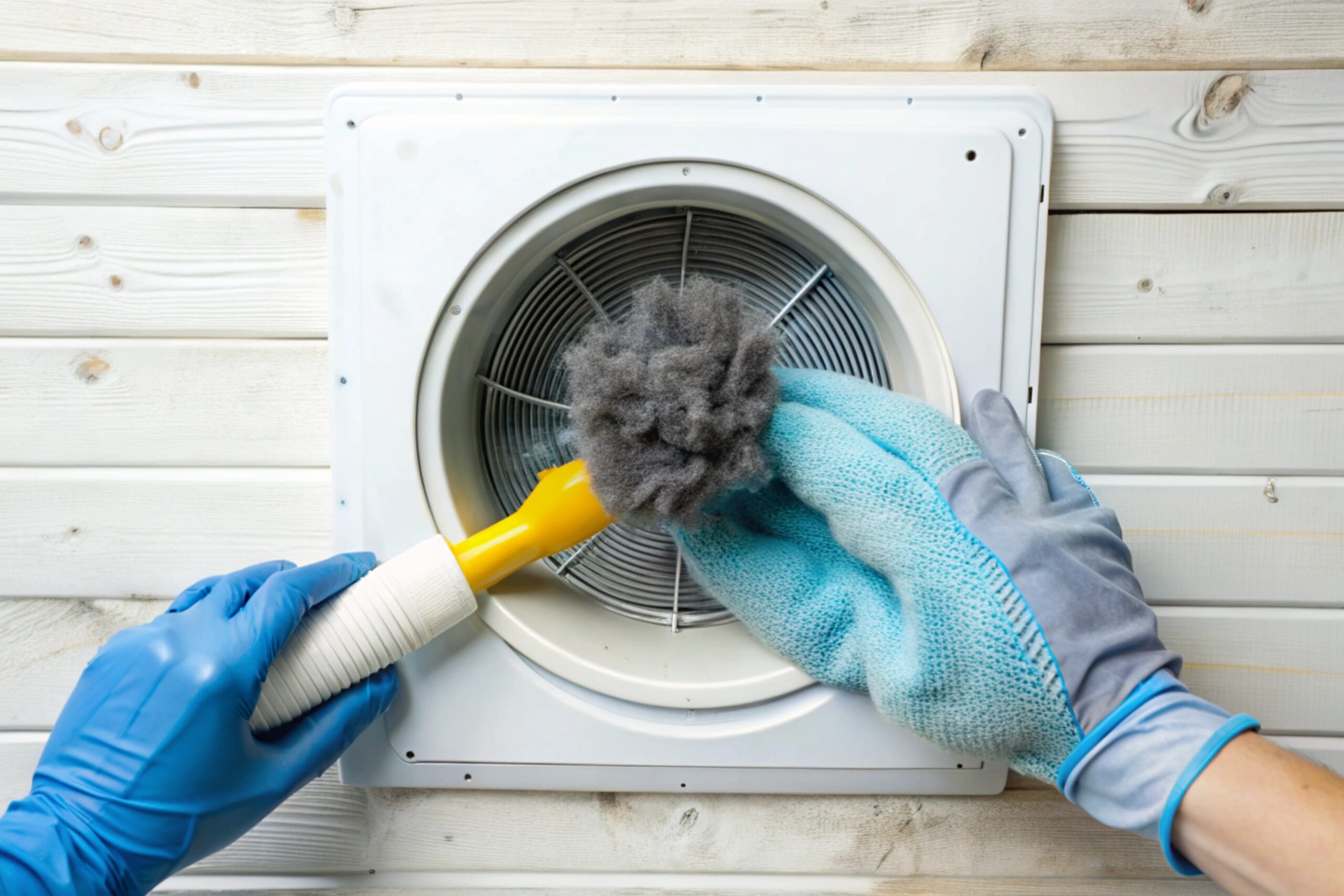 Person Cleaning Dryer Vent with Tools and Lint Removal Person cleaning dryer vent with tools for lint removal